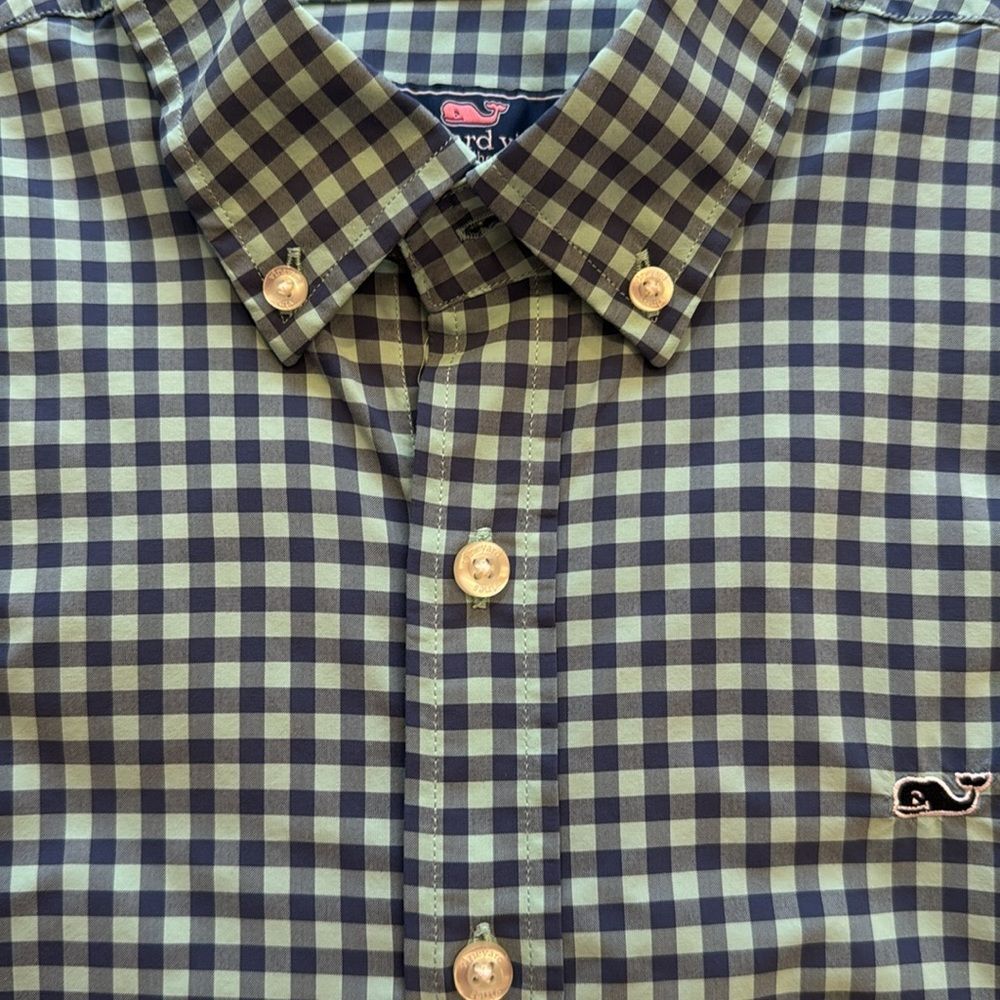 VINEYARD VINES GINGHAM CHECK WHALE BUTTON UP SHIRT GREEN BLUE BOY BOYS XL 18